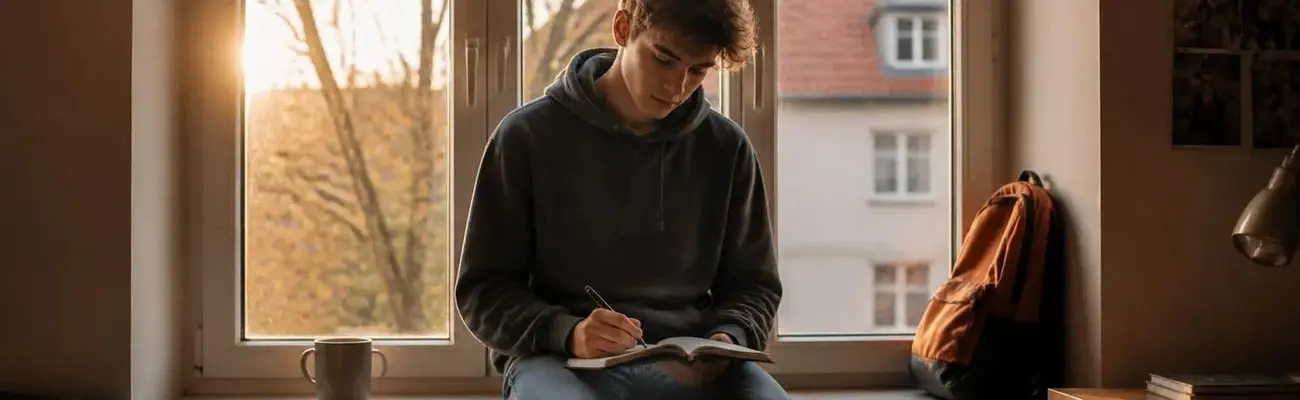 Jugendliche sitzt am Fenster und notiert sich ihre Antwort auf die Frage nach Schw&auml;chen im Vorstellungsgespr&auml;ch