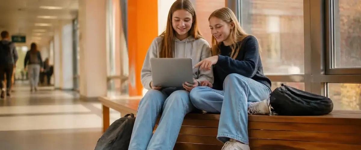 Zwei Sch&uuml;lerinnen sitzen im Schulflur und schreiben gemeinsam am ersten Lebenslauf