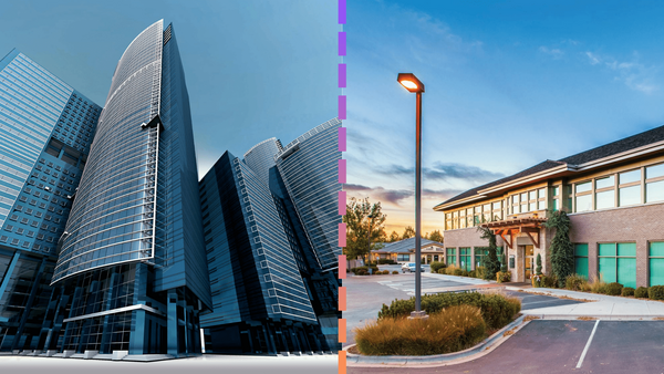 Gegen&uuml;berstellung von B&uuml;rohochhaus und kleinem Betrieb