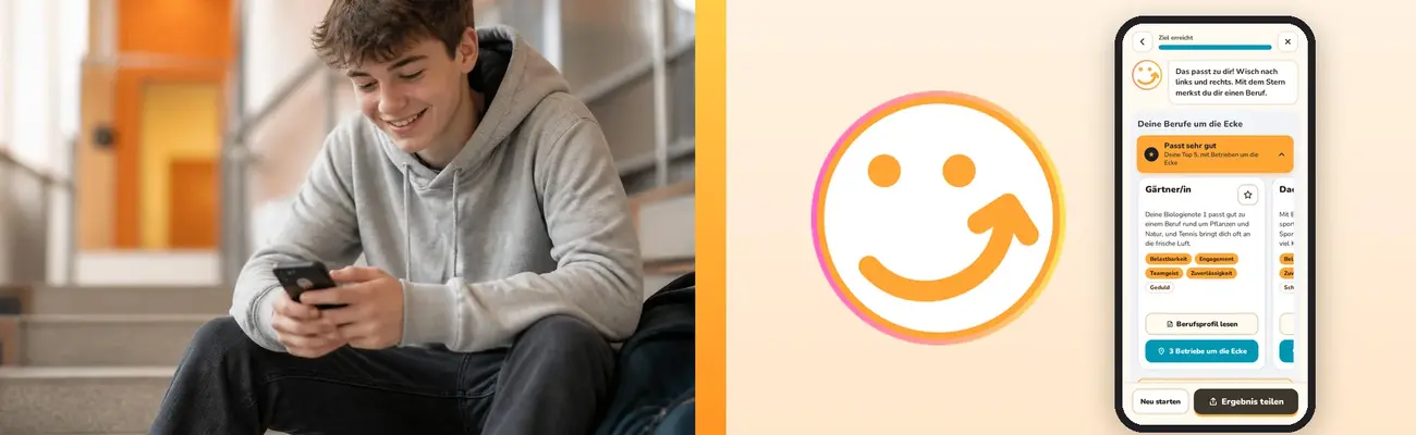 Sch&uuml;ler mit Smartphone auf der Schultreppe, daneben Ecki