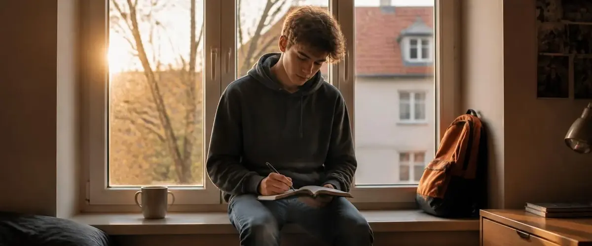 Jugendliche sitzt am Fenster und notiert sich ihre Antwort auf die Frage nach Schw&auml;chen im Vorstellungsgespr&auml;ch