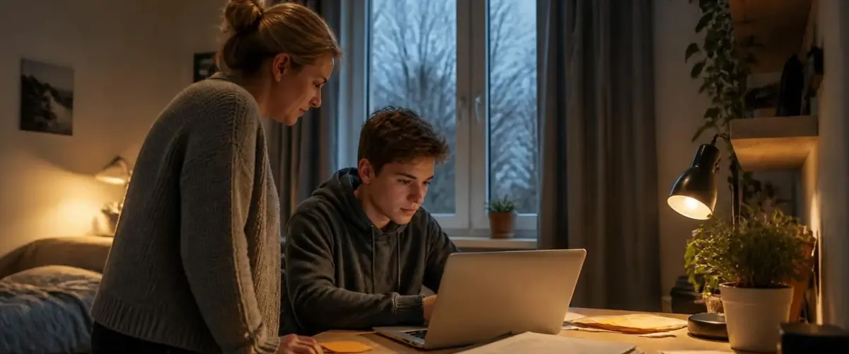 Jugendlicher sitzt am Schreibtisch mit Zeugnissen und Laptop, seine Mutter schaut beim Lebenslauf schreiben zu