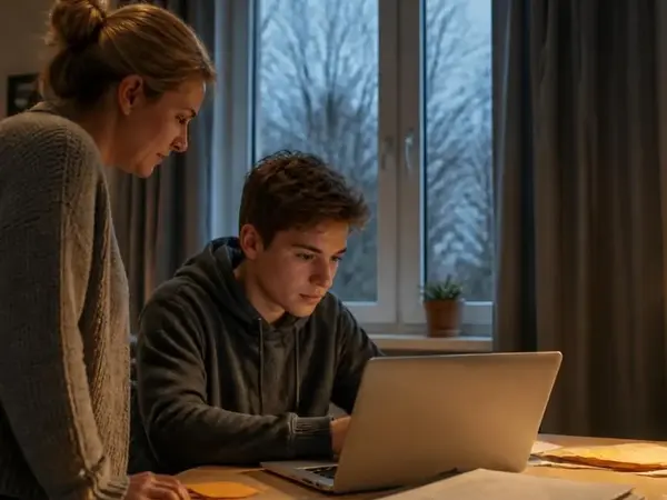 Jugendlicher sitzt am Schreibtisch mit Zeugnissen und Laptop, seine Mutter schaut beim Lebenslauf schreiben zu