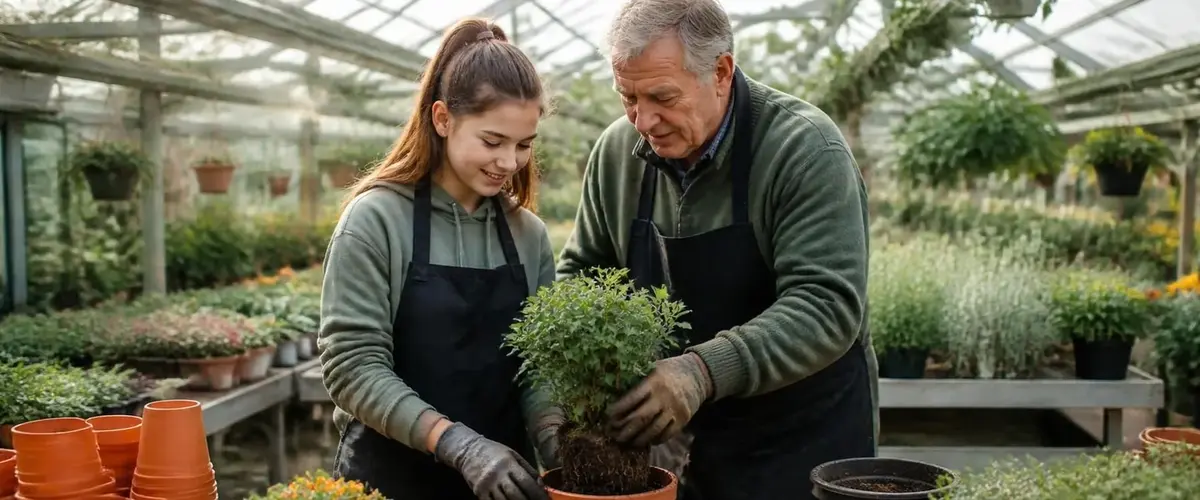 Sch&uuml;lerin am ersten Tag ihres Sch&uuml;lerpraktikums in einer G&auml;rtnerei mit einem G&auml;rtner beim Umtopfen