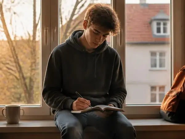 Jugendliche sitzt am Fenster und notiert sich ihre Antwort auf die Frage nach Schw&auml;chen im Vorstellungsgespr&auml;ch