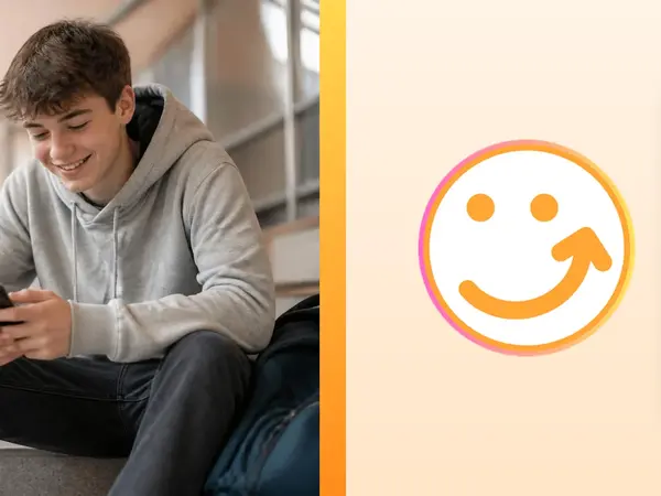 Sch&uuml;ler mit Smartphone auf der Schultreppe, daneben Ecki