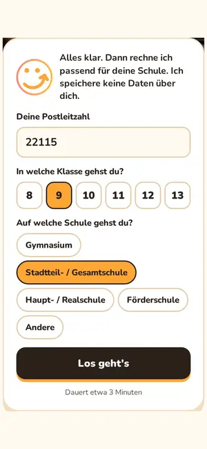 Ecki Startkarte: Postleitzahl, Klasse und Schulform