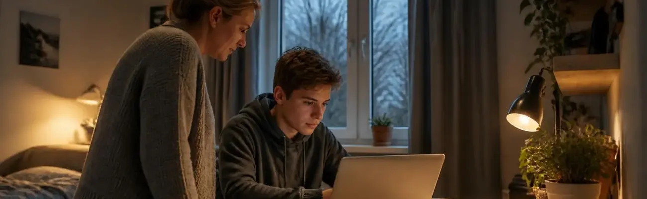 Jugendlicher sitzt am Schreibtisch mit Zeugnissen und Laptop, seine Mutter schaut beim Lebenslauf schreiben zu