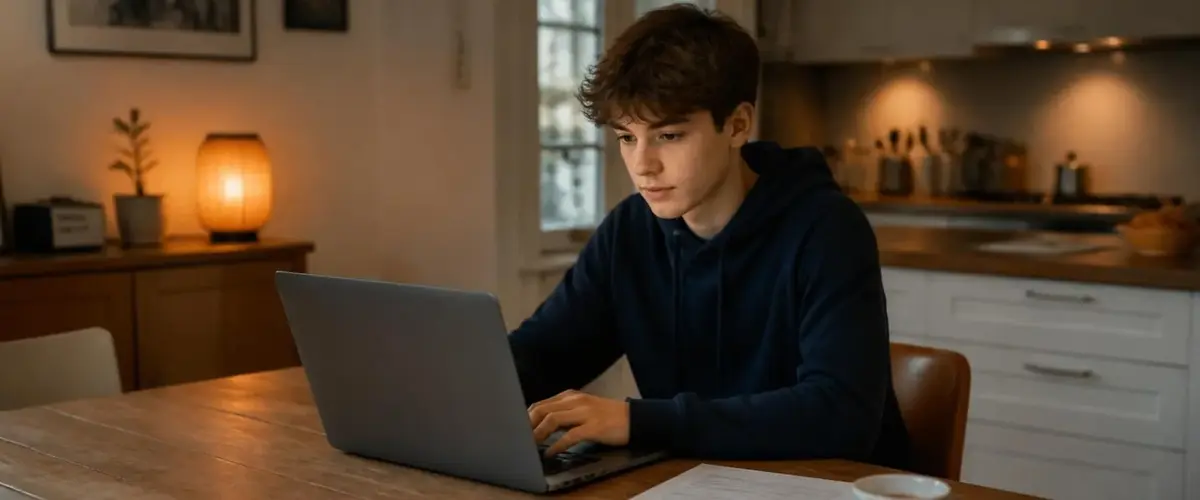 Sch&uuml;lerin sitzt am K&uuml;chentisch vor dem Laptop und arbeitet an ihrem tabellarischen Lebenslauf