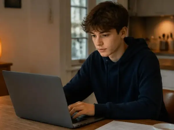Sch&uuml;lerin sitzt am K&uuml;chentisch vor dem Laptop und arbeitet an ihrem tabellarischen Lebenslauf