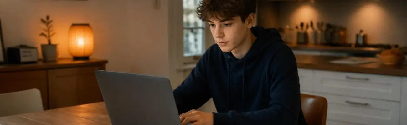 Sch&uuml;lerin sitzt am K&uuml;chentisch vor dem Laptop und arbeitet an ihrem tabellarischen Lebenslauf