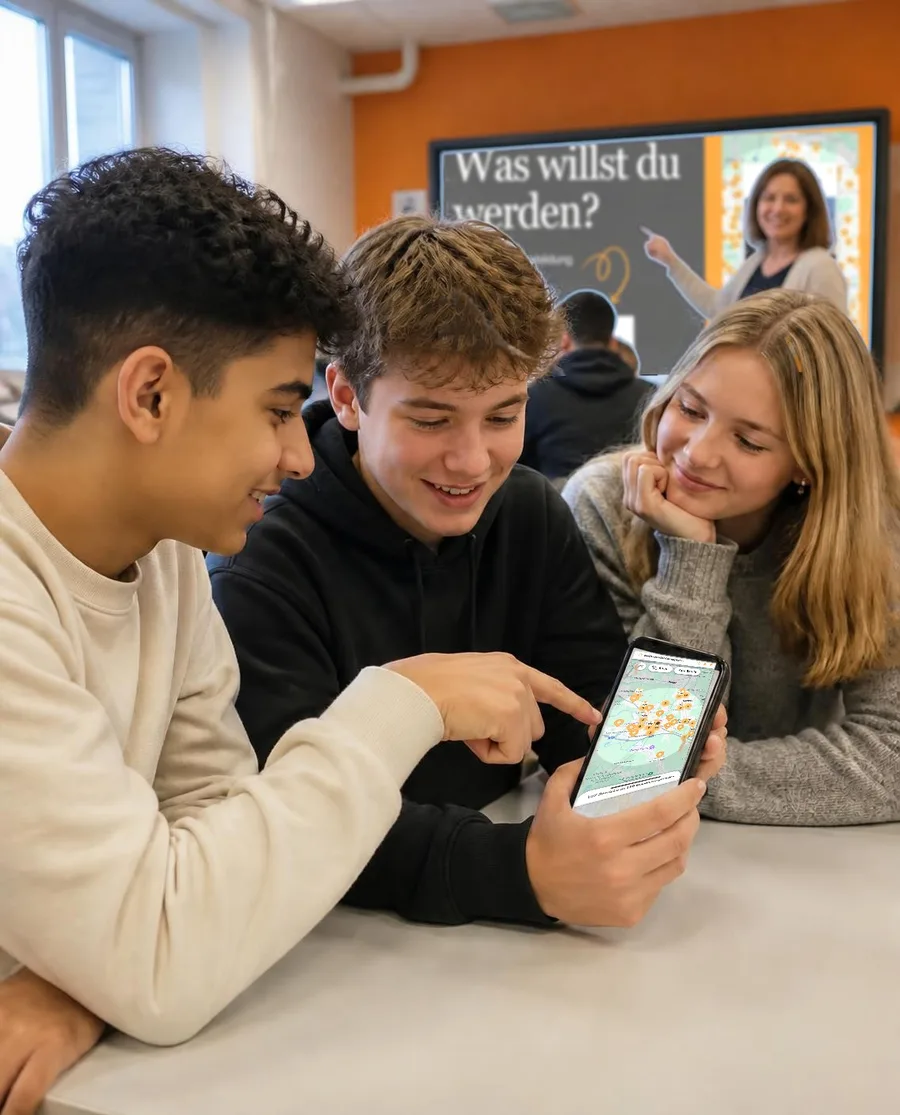 Jugendliche entdecken dein-ausbildungsplatz.de auf dem Smartphone, die Lehrerin zeigt die Pr&auml;sentation am Smartboard